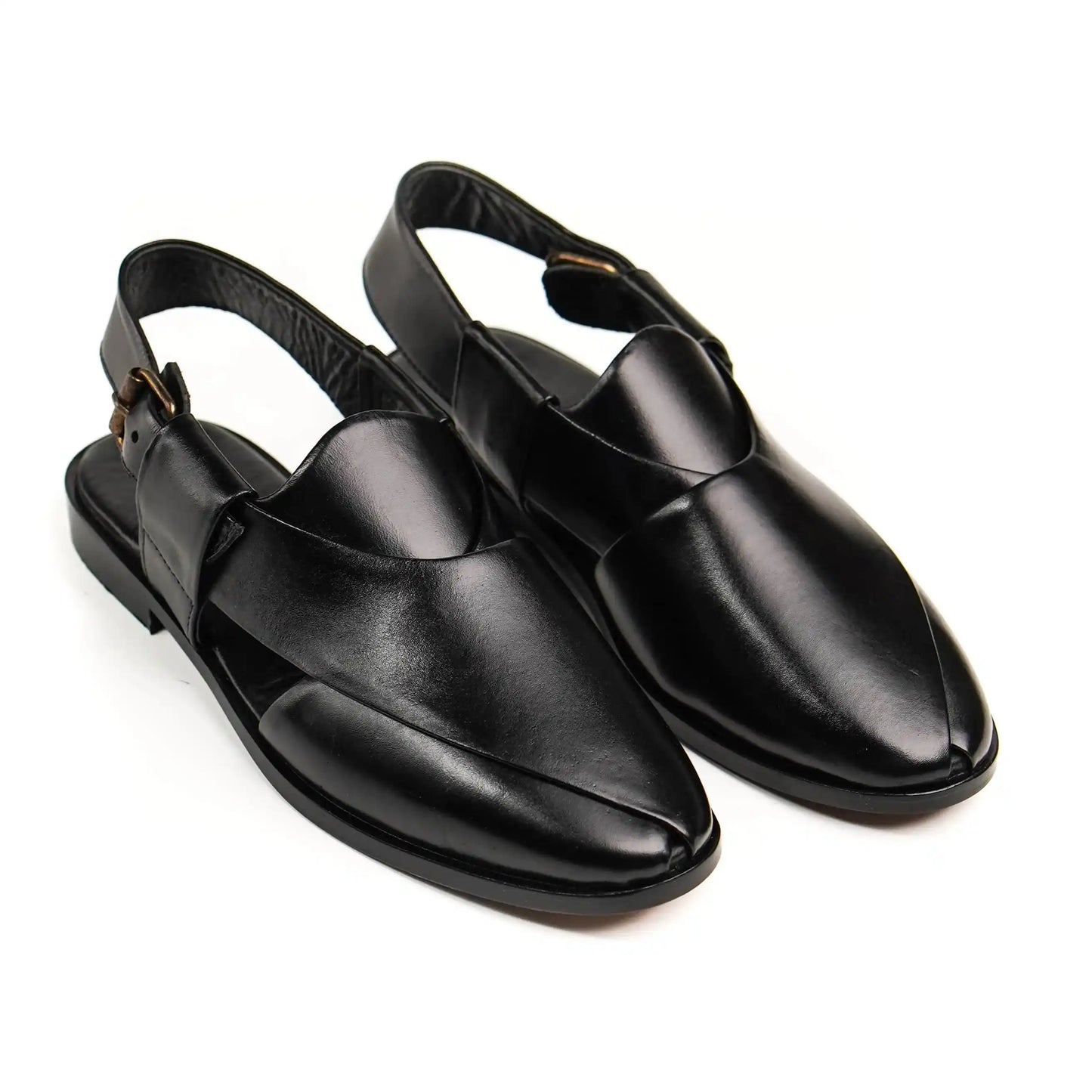 Overhead shot of NOVA BLACK Peshawari Chappal , showing their polished black leather surface and sophisticated appearance.