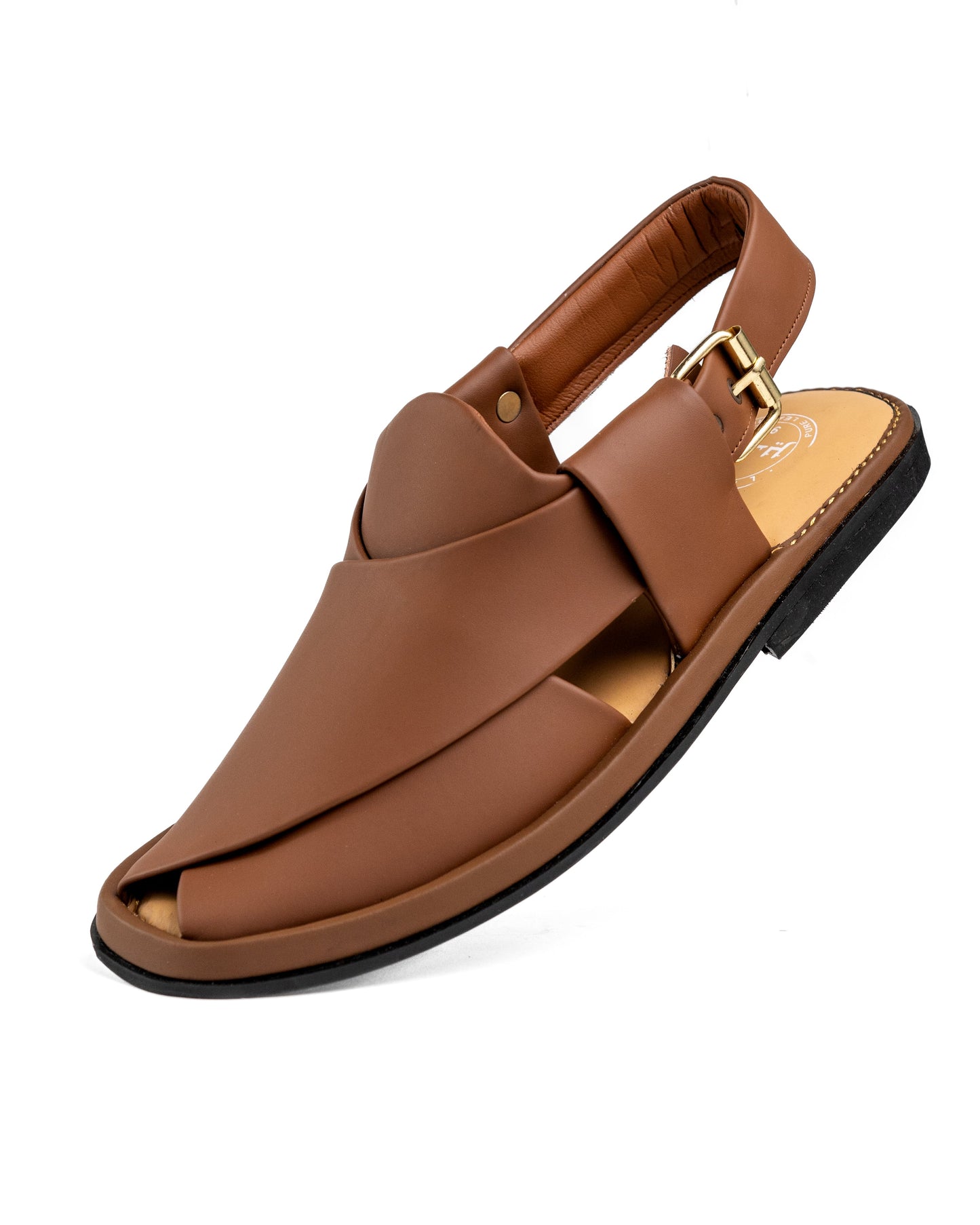 Close-up of ROUND WALNUT Peshawari Chappal detailing the leather texture and rounded toe design.