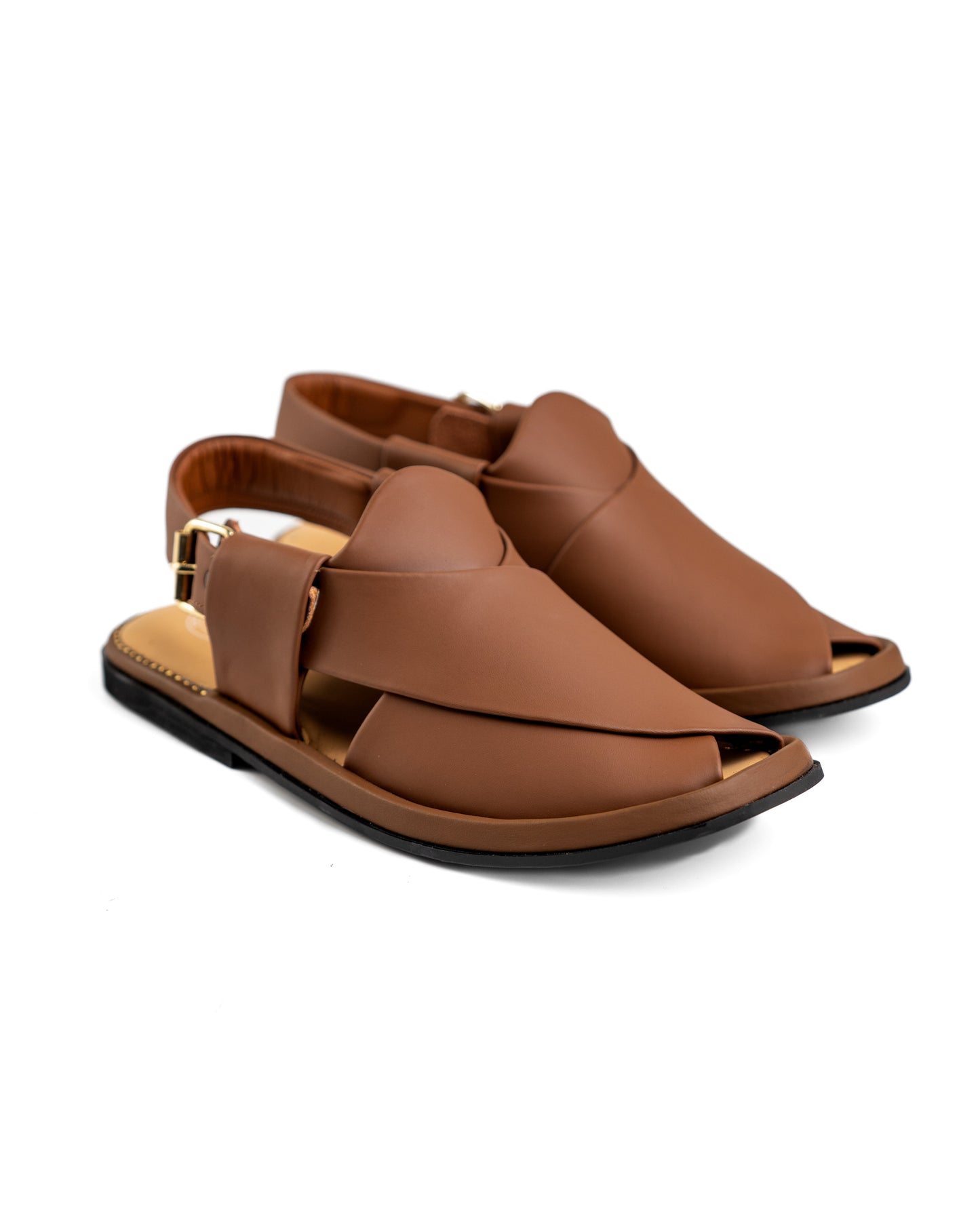 Angled shot of ROUND WALNUT Peshawari Chappal highlighting the intricate stitching details.